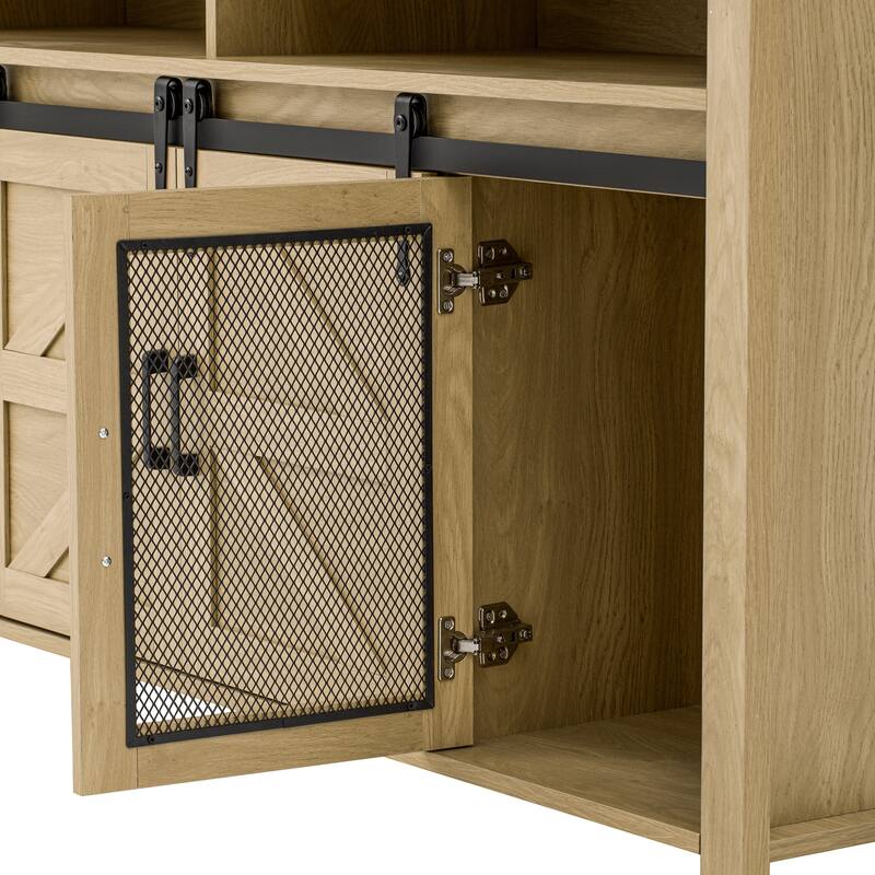 Buffet Cabinet with Sliding Barn Door and Mesh Panels, Open Storage