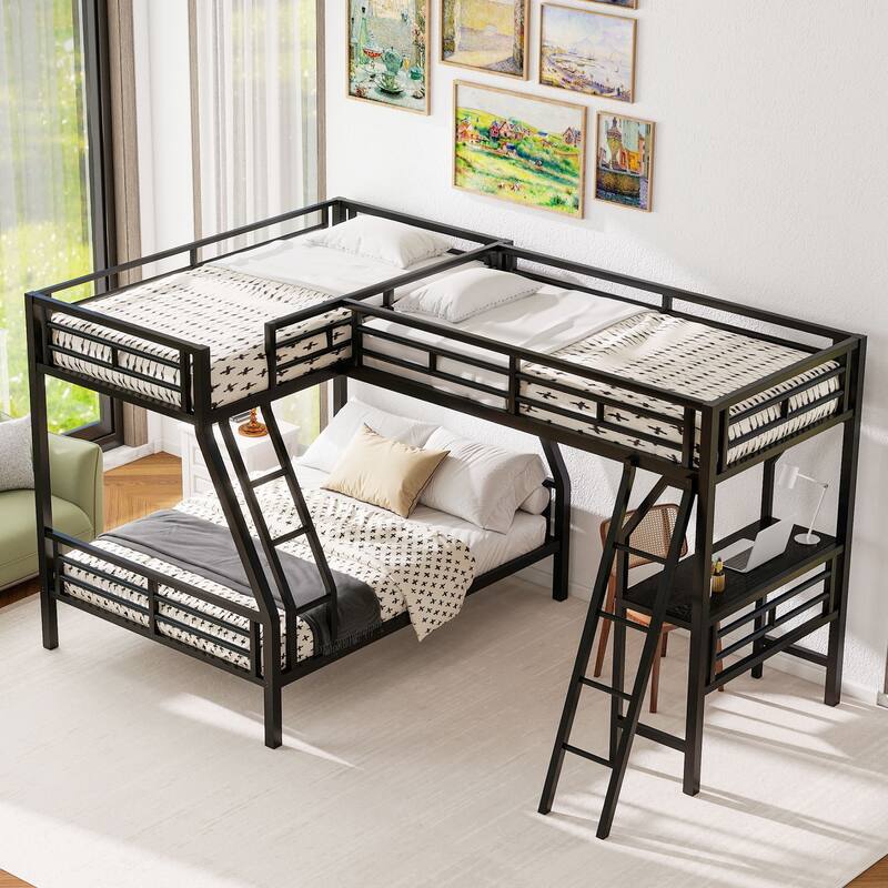 Roomfitters Twin Over Full Bunk Bed with Attached Twin Loft and Desk, Space-Saving Metal Frame for Bedroom, Black - Black