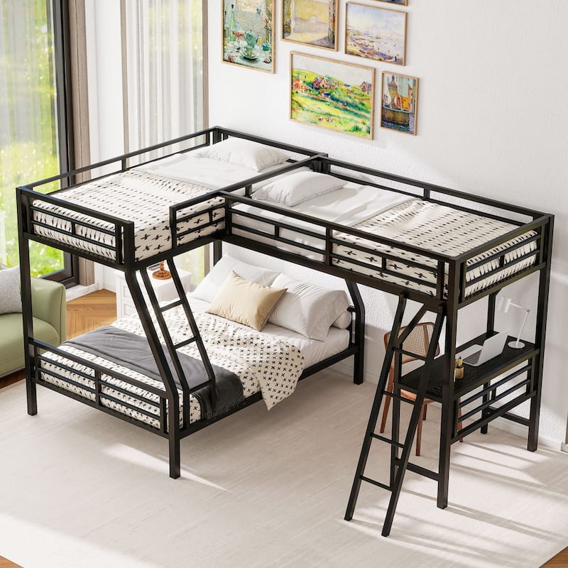 Triple Bunk Bed with Desk, Twin over Full and Loft, Metal Frame, Black