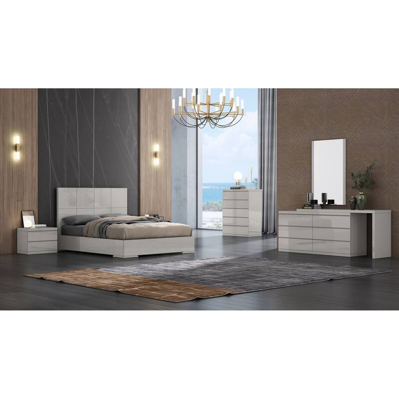 Queen Size Bed with Squares Headboard - Modern Light Grey Finish Bedroom Furniture