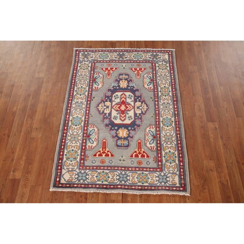 Geometric Kazak Oriental Rug Hand-Knotted Oriental Grey Wool Carpet - 3'6"x 4'10"