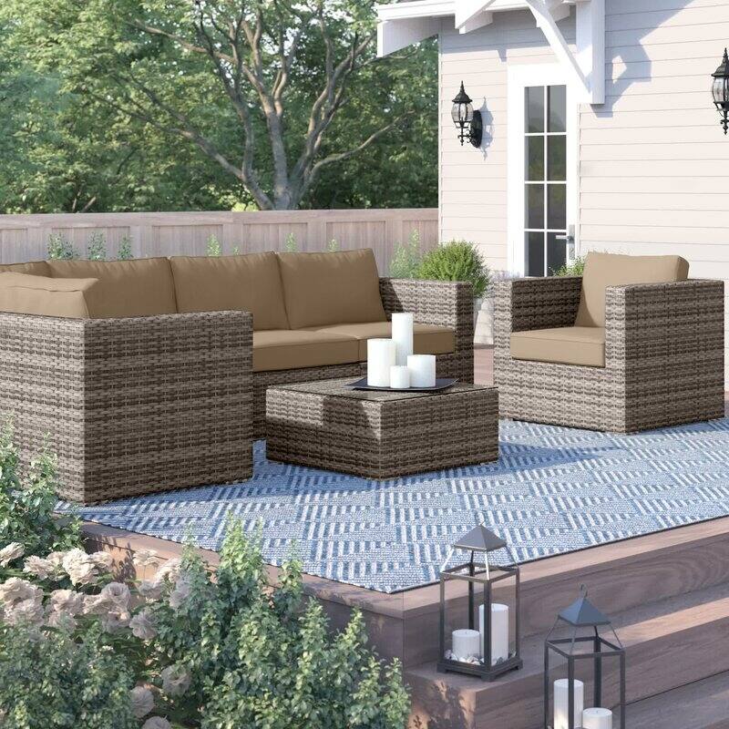 LSI 7 Piece Rattan Sunbrella Sectional Seating Group with Cushions - Beige