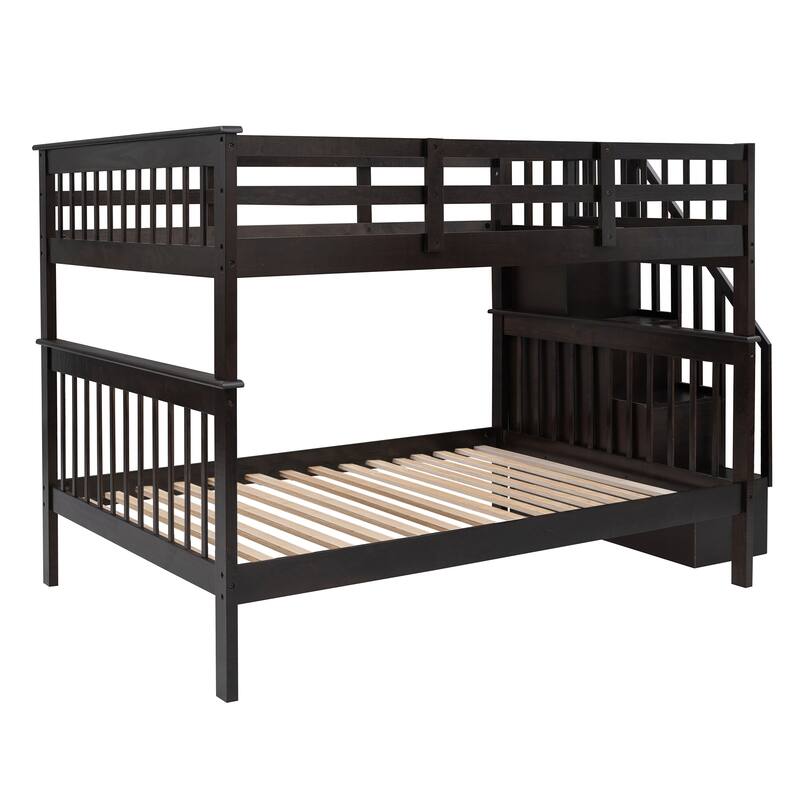 Full Over Full Bunk Bed with Safe Staircase, Storage and Guard Rail