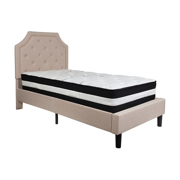 Offex Brighton Twin Size Tufted Upholstered Platform Bed in Beige Fabric with Pocket Spring Mattress