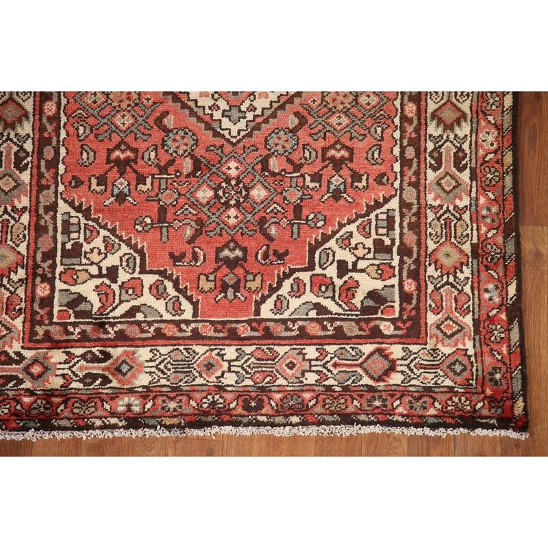 Hand Knotted Oriental 100% Wool Carpet Traditional Geometric Red Hamedan Runner Rug - 10' 3'' X 3' 6''