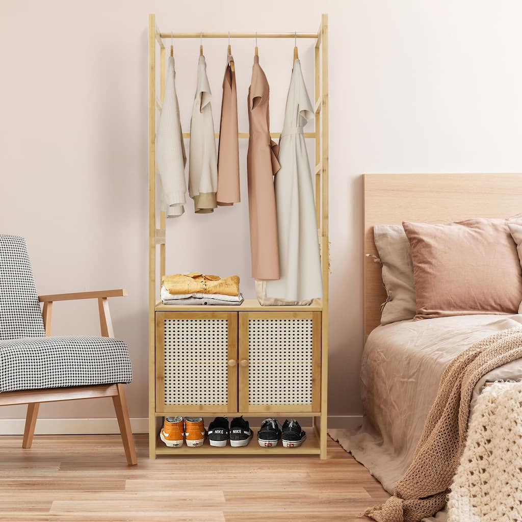 Bamboo Clothes Rack Stand with Cabinet andShoe Shelf