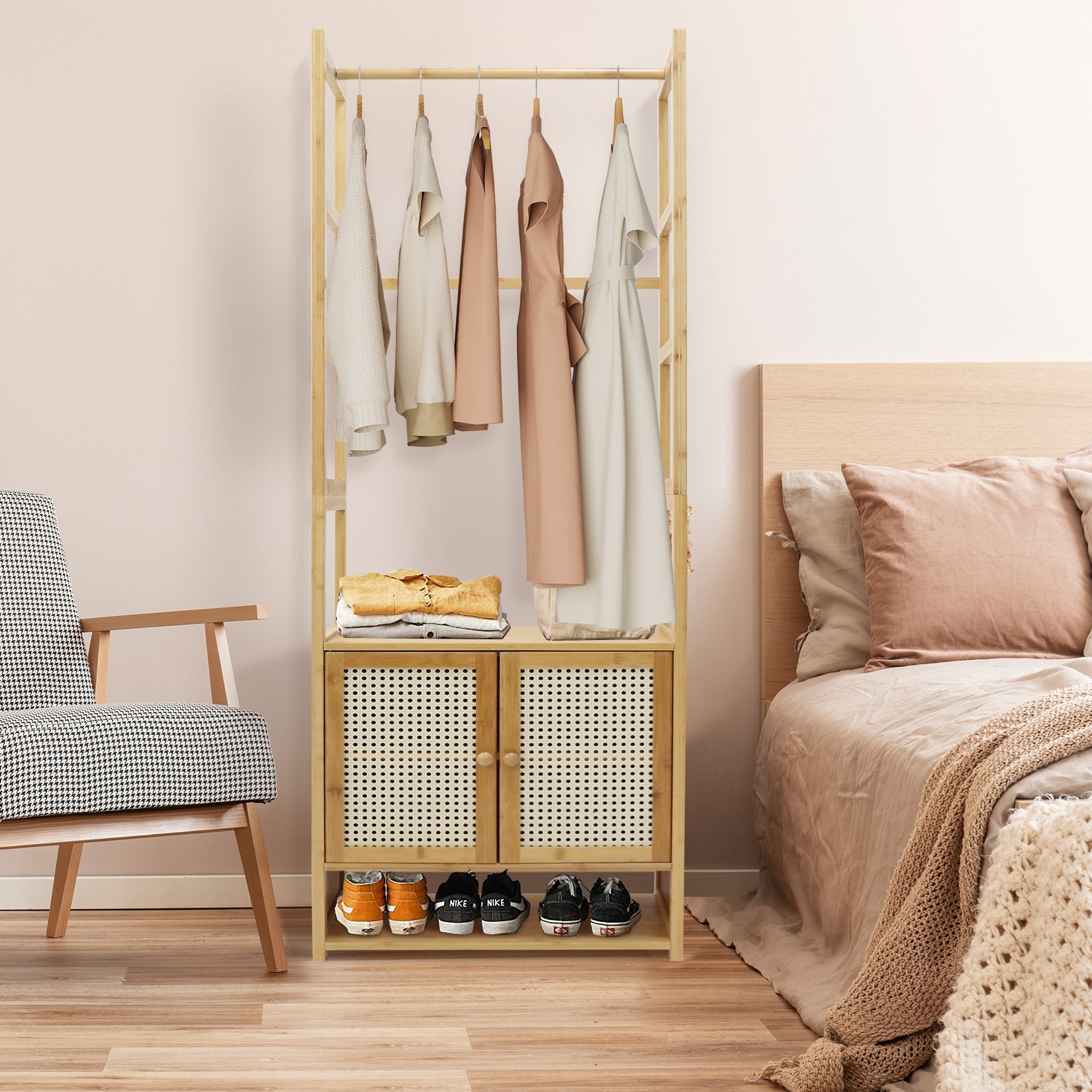 Bamboo Clothes Rack Stand with Cabinet andShoe Shelf