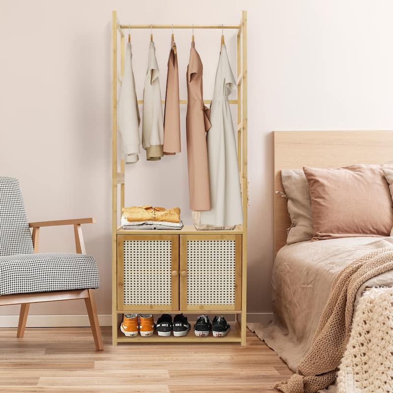 Bamboo Garment Rack with Clothes Rail Storage Organiser Freestanding - 21" x 13" x 66"