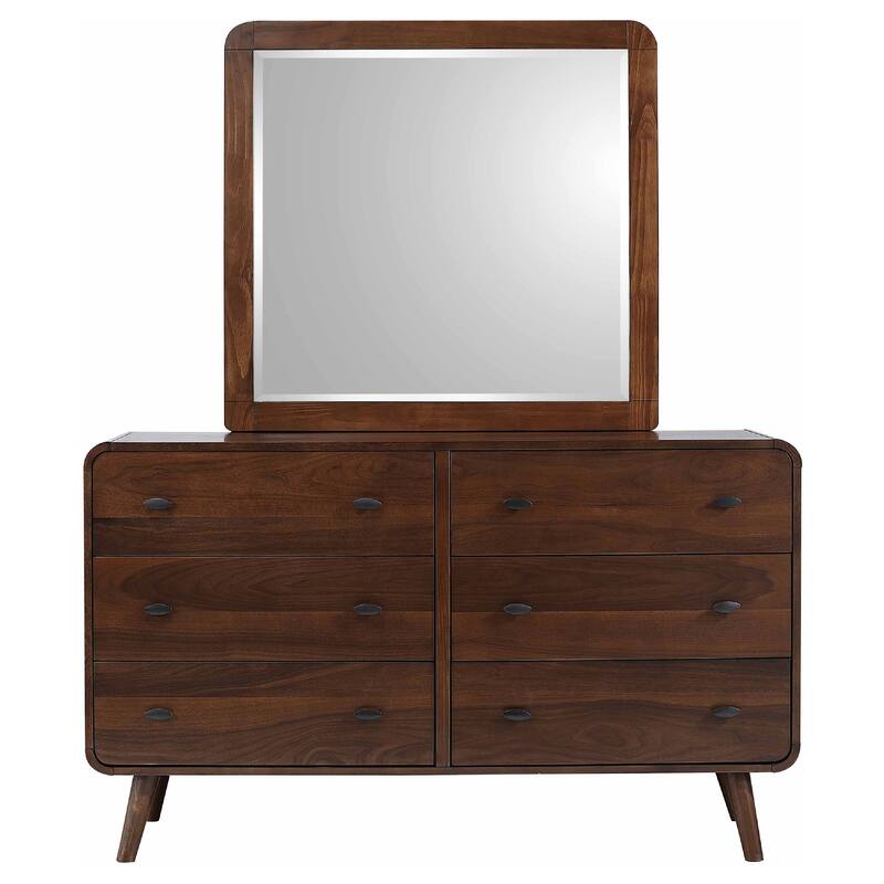 Ryb Wide Dresser with Mirror, 6 Drawers, Dark Walnut Brown Wood Frame