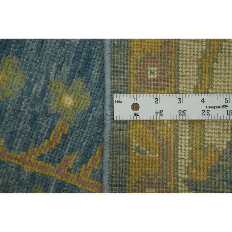 Floral Blue Oushak Vegetable Dye Area Rug, Floral Geometric Carpet - 9' 10'' X 8' 3''