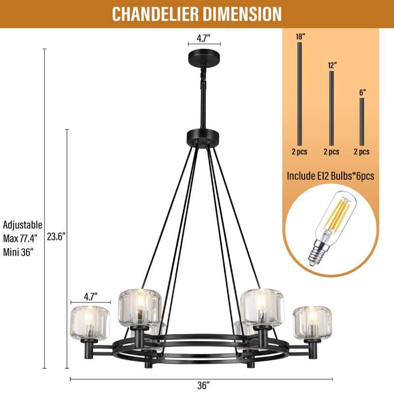 KAYLA 36 in. 6-Light Gold Farmhouse Wagon Wheel Chandelier with Crystal Lampshade
