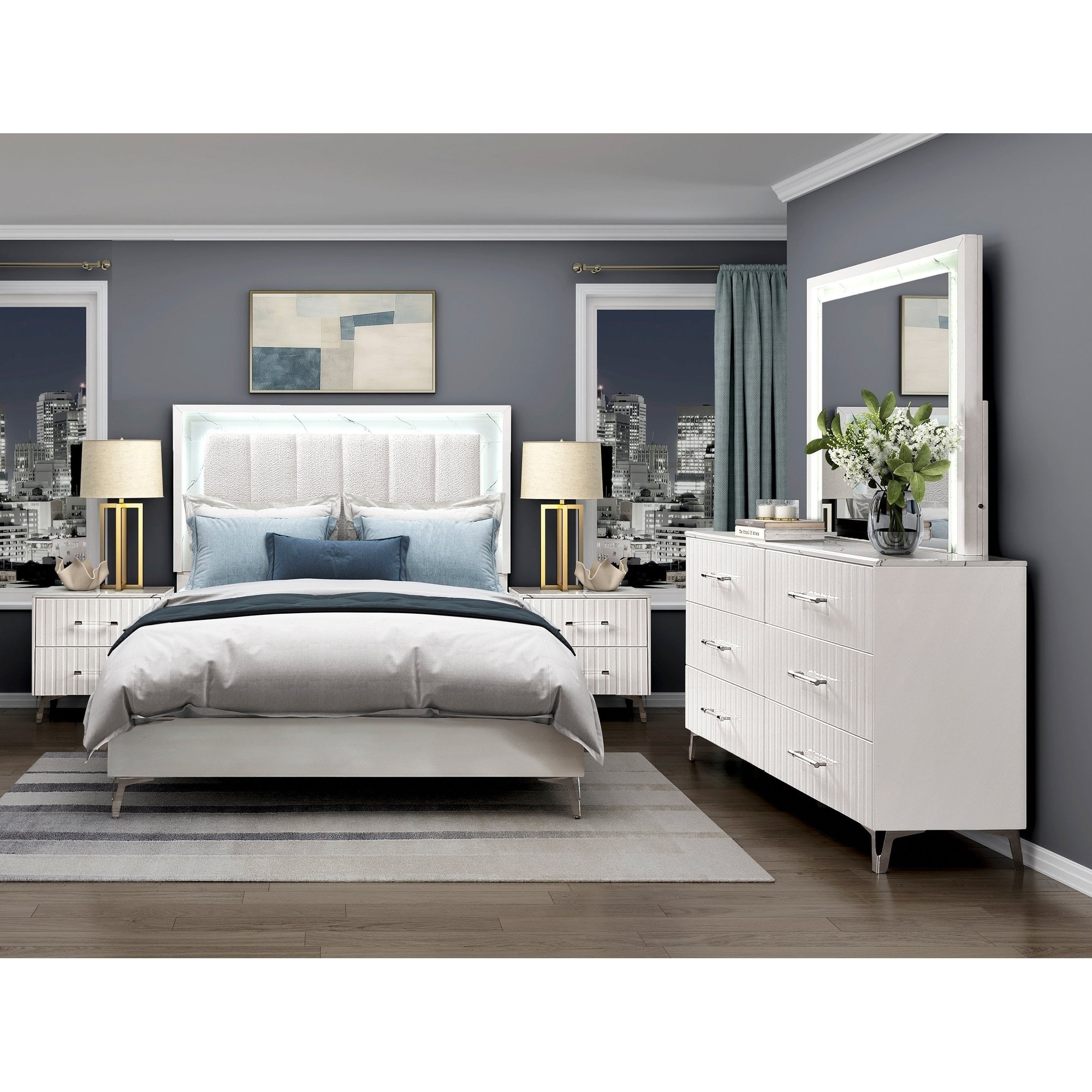 Glamorous White Finish Bedroom Set LED Bed Faux Marble Panels