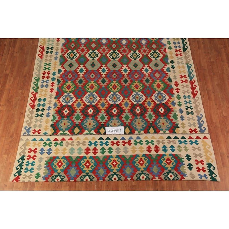 Geometric Kilim Reversible Area Rug Oriental Flatweave Wool Carpet - 8'5"x 11'5"