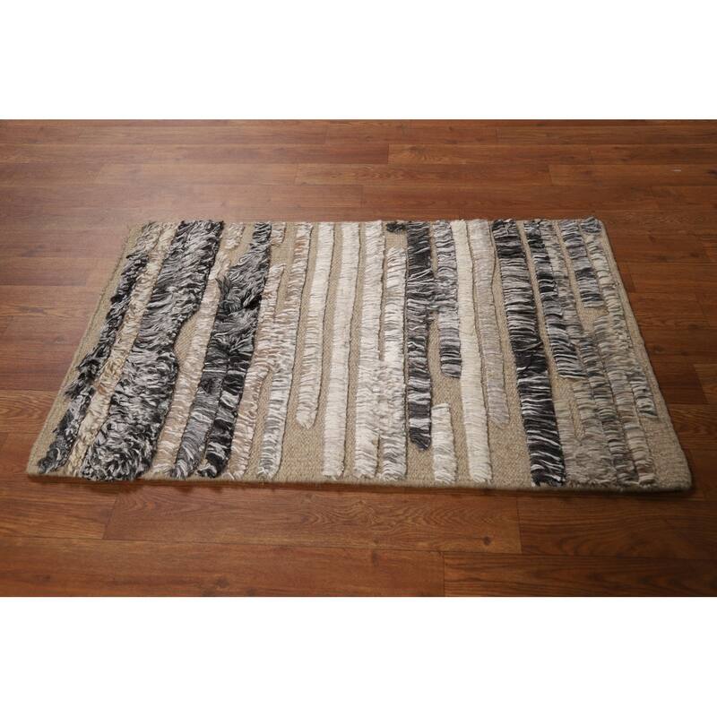 Striped Moroccan Modern Foyer Rug Hand-Knotted Wool Carpet - 2'0"x 3'0"