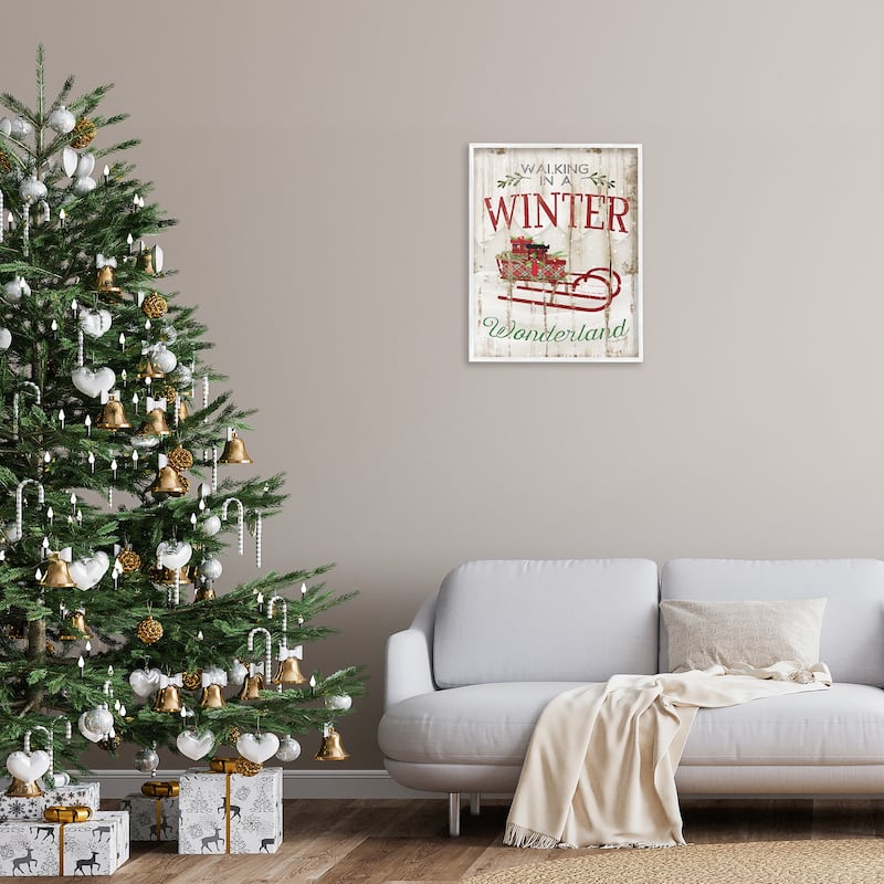 Stupell Winter Wonderland Red Sleigh Wood Texture Christmas Word Design Framed Wall Art, Proudly Made in USA