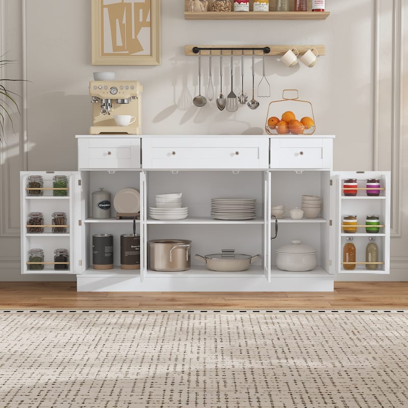 White Buffet Cabinet with 3 Drawers and 4 Doors, Glass Center Doors Sideboard