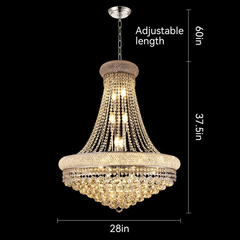 28" Chrome Crystal Chandelier, French Empire Style, 15-Light Fixture w/K9 Crystals for Dining Room or Bedroom