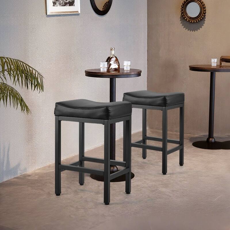 Set of 2 Black PU Leather Counter Height Bar Stools with Curved Seat and Metal Frame - 17.72” x 13.39” x 25.39”