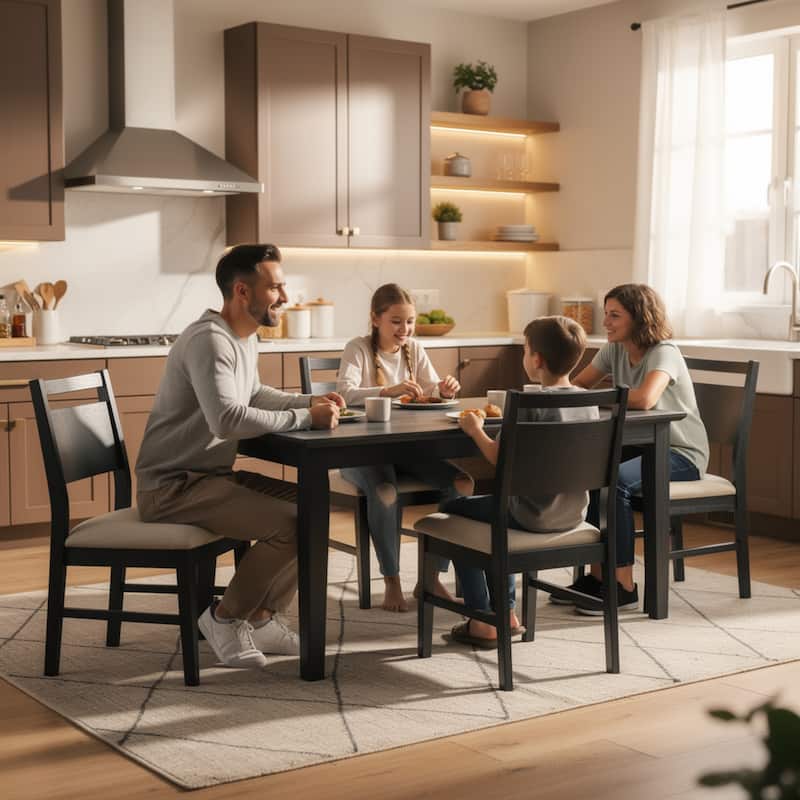 Saby 5pc Dining Table Set, 4 Side Chairs, Black Rubberwood, Light Brown