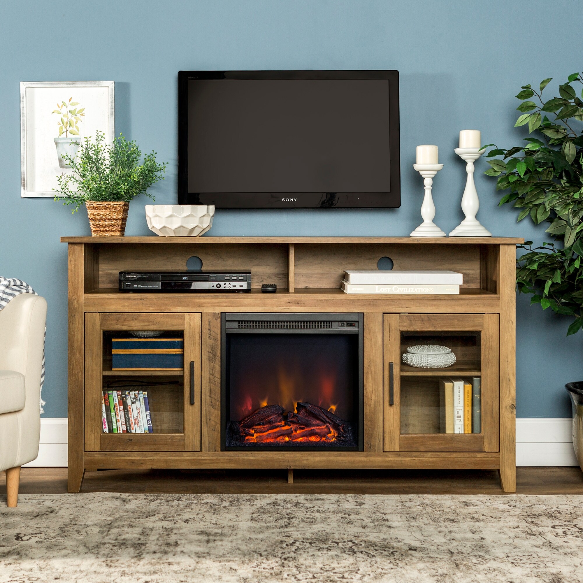 Shop 58 Inch Reclaimed Barnwood Highboy 2 Door Fireplace Tv Stand Console On Sale Overstock 19266047