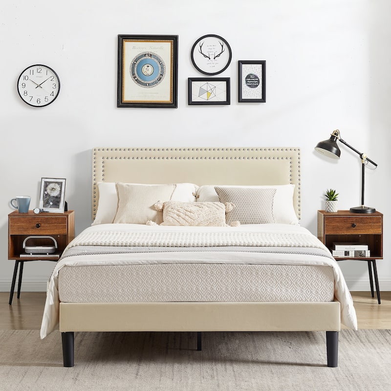 VECELO 3-Pieces Upholstered Platform Bed Frame with Adjustable Headboard and Nightstands Set of 2, Beige - Brown - Full