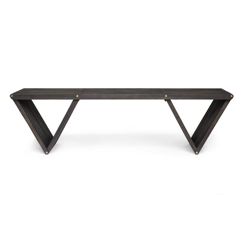 Riah Outdoor Bench, Angled Legs, Slatted 63 Inch Dark Gray Acacia Wood