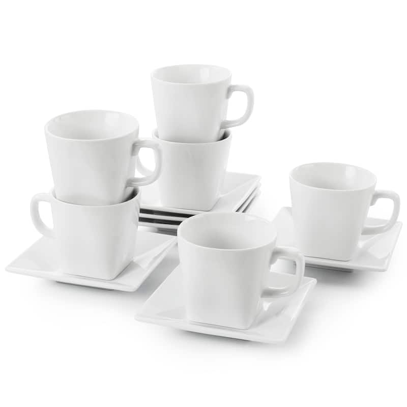 Fine Ceramic 6 Piece Square Cup and Saucer Set in White On Sale Bed