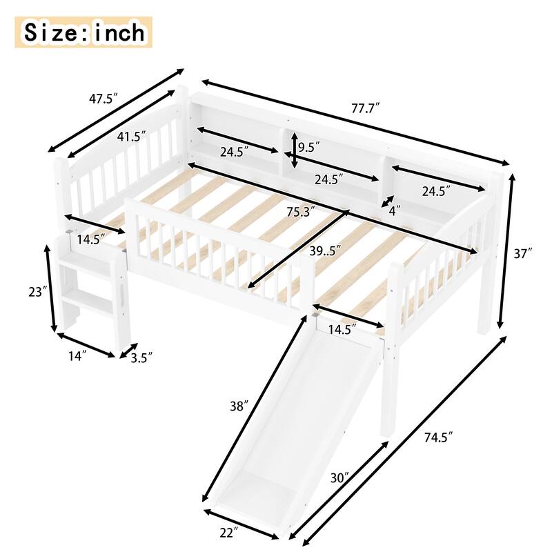 Twin Loft Bed with Storage Shelves, LED Lights & Guardrails