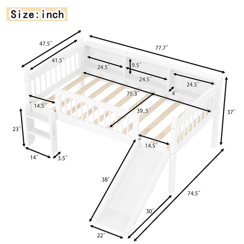 Twin Loft Bed with Storage Shelves, Solid Wood Lower Loft Bed with LED Lights and Full-length Guardrails