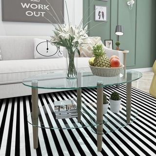 Modern 3-layer Transparent Glass Oval Coffee Table,with Oak Wood Leg ...