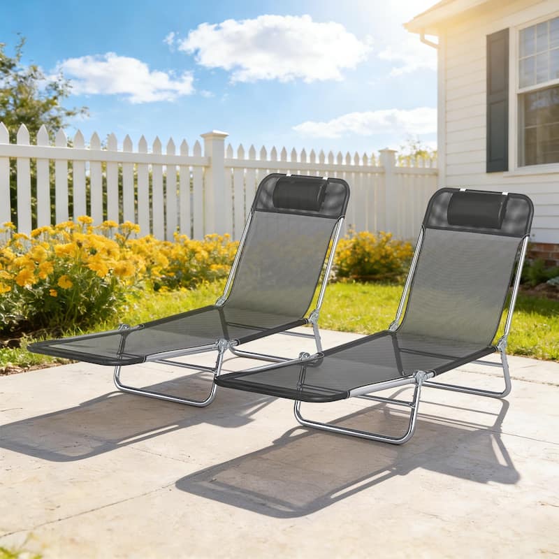 Outsunny Folding Chaise Lounge Pool Chairs, Set of 2 Outdoor Sun Tanning Chairs with Pillow, Six-Position Reclining Back