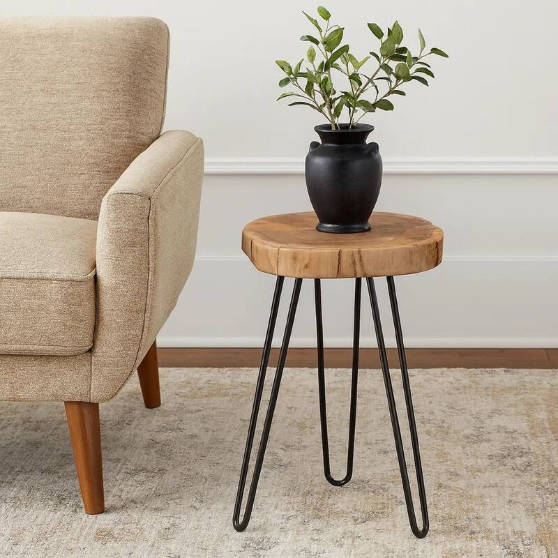 23 Inch Side End Table, Hairpin Legs, Natural Brown Acacia Wood, Black Base