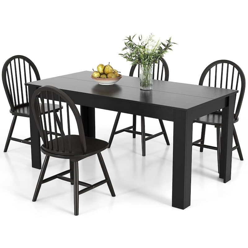 Gymax 5 PCS Dining Set Rectangular Wooden Dining Table 4 Windsor - Black
