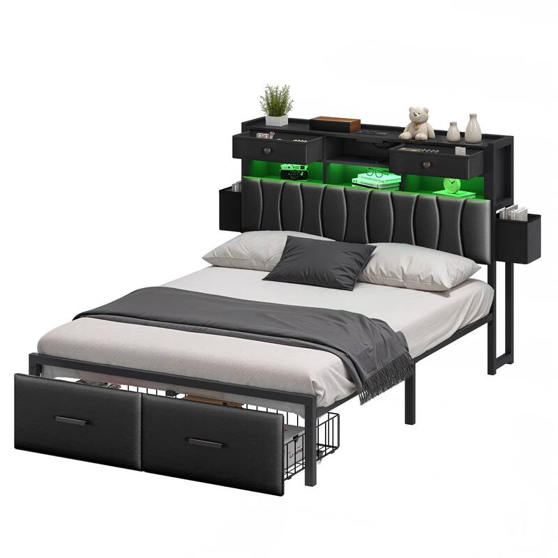 6 Drawers PU Leather Upholstered Platform Bed, Bed Frame with Hidden Storage Headboard and Power Outlets