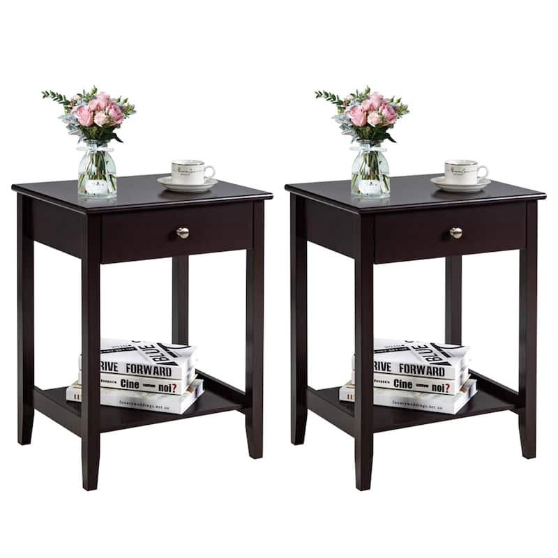 Gymax 2PCS Nightstand Sofa Side End Table Bedroom Living Room w/ Shelf - See Details - Brown - MDF - See Details