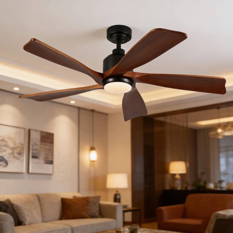 52 inch Solid Wood Ceiling Fan with Light,Quiet DC Motor,Reversible Airflow,for Living Room,Bedrom ,Farmhouse,Patio - 52 Inches - Black with Brown
