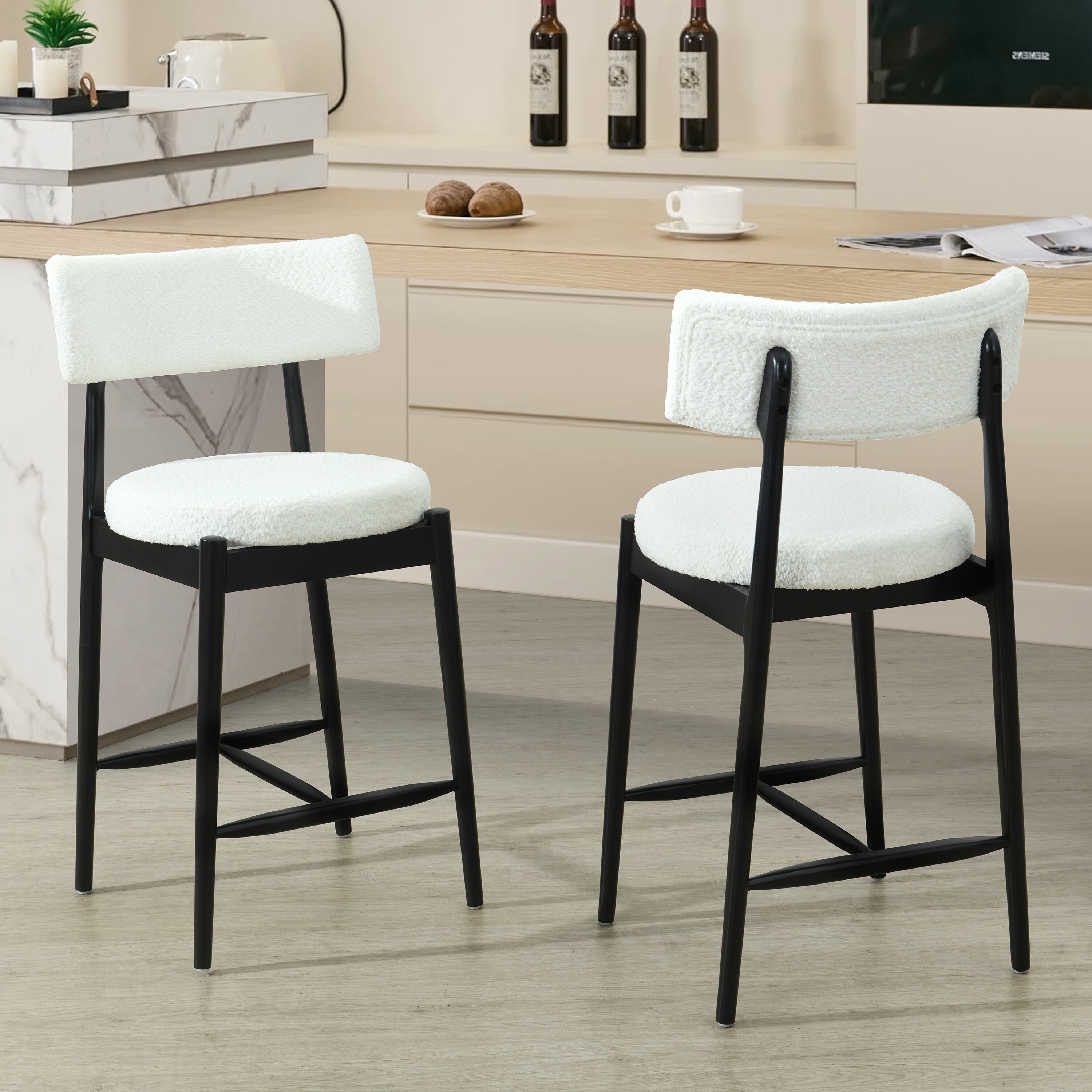 2 Piece Solid Wood Bar Stools with Curved Open Back and Padded Seat, Counter Height Barstools Set of 2