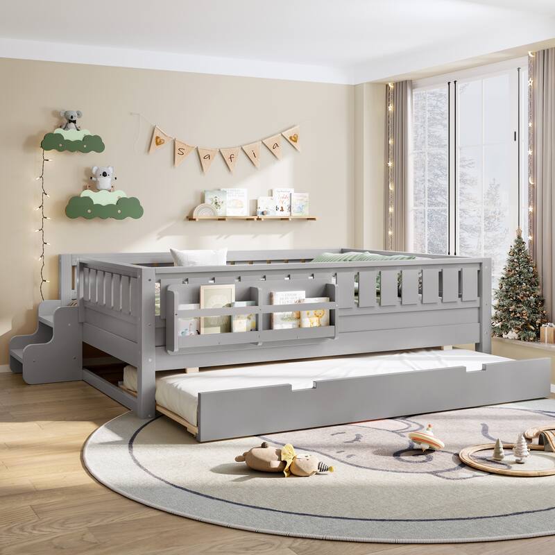 Full/Twin Loft Bed with Bookshelves, Safety Stairs & Trundle