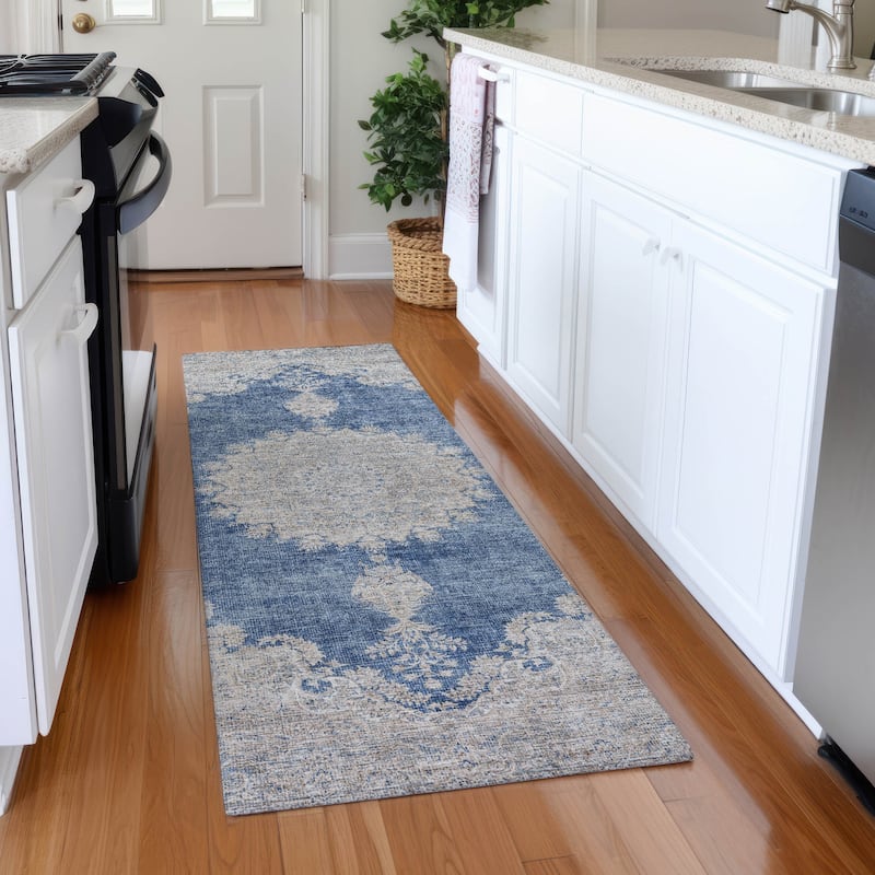 Premium Washable Super Soft Vintage Traditional Mayfield Rug - Navy - 2'3" x 7'6"
