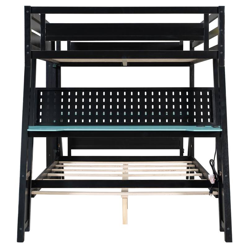 E-sports Inspired Bunk Bed with 2 Built-In Gaming Desks, USB Desktop Ports and Pegboard Organizer, Bunk Frame for Teens Gamer