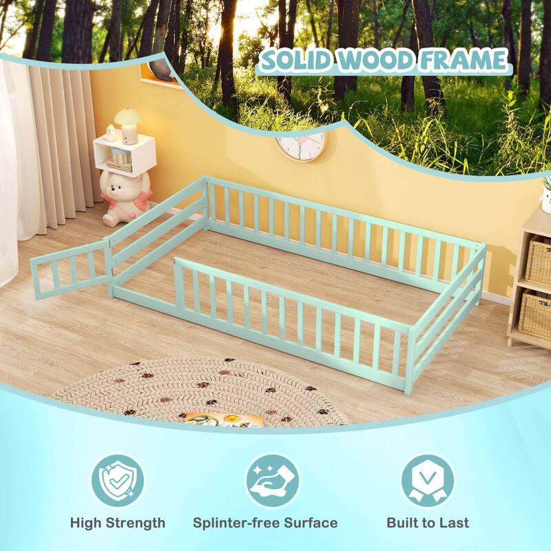 Costway Twin Size Floor Bed with Door & Fence with Safety Guardrails &