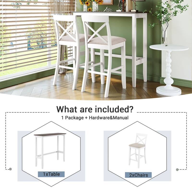 48" Rectangular Wood Bar Height Dining Set with 2 Chairs