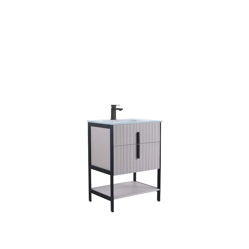 Fine Fixtures Serenity Modern Bathroom Vanity with White Glass Top - Bright Taupe - Black Hardware - 24 inch