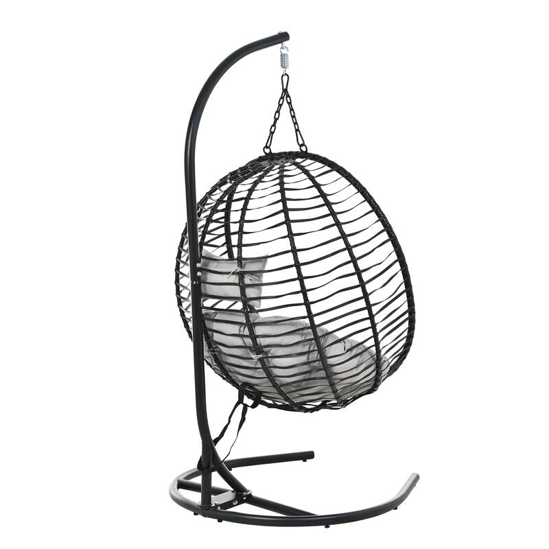 Single Person Folding Egg Chair Hanging Egg Chair with Stand, Wicker Hammock Swing Chair with Adjustable Anti-Slip Feet
