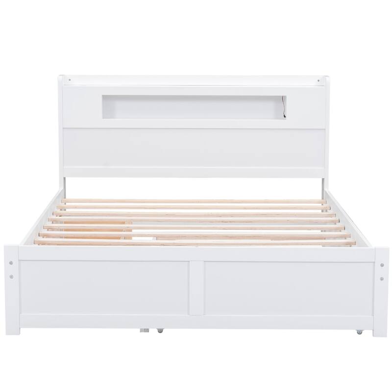 Queen Size Platform Bed with LED Headboard & 2 Drawers & Trundle, White