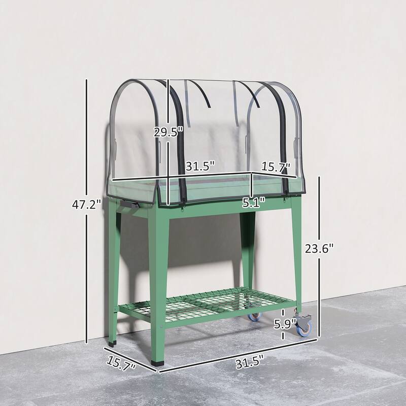 Outsunny Raised Garden Bed with Greenhouse Cover, Large Metal Outdoor Elevated Planter Box with Lockable Wheels