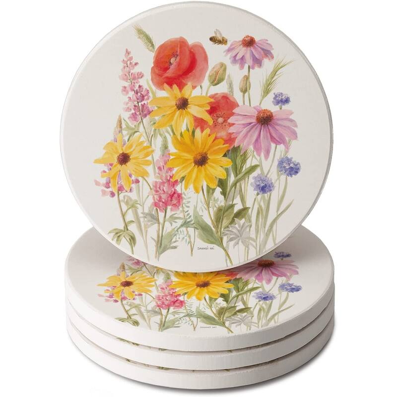 CounterArt Wildflowers in Bloom Absorbent Stone Tumbled Tile Coaster Set of 4 Made in The USA Protective Cork Backing - Multi