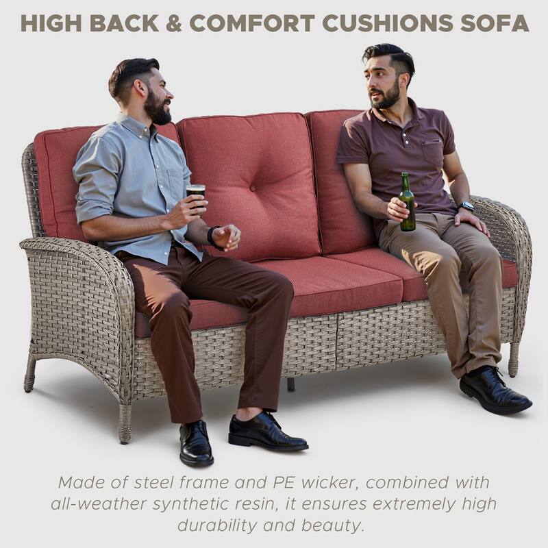 3-Seat Patio Wicker Sofa Soft Cushion Grey - Red