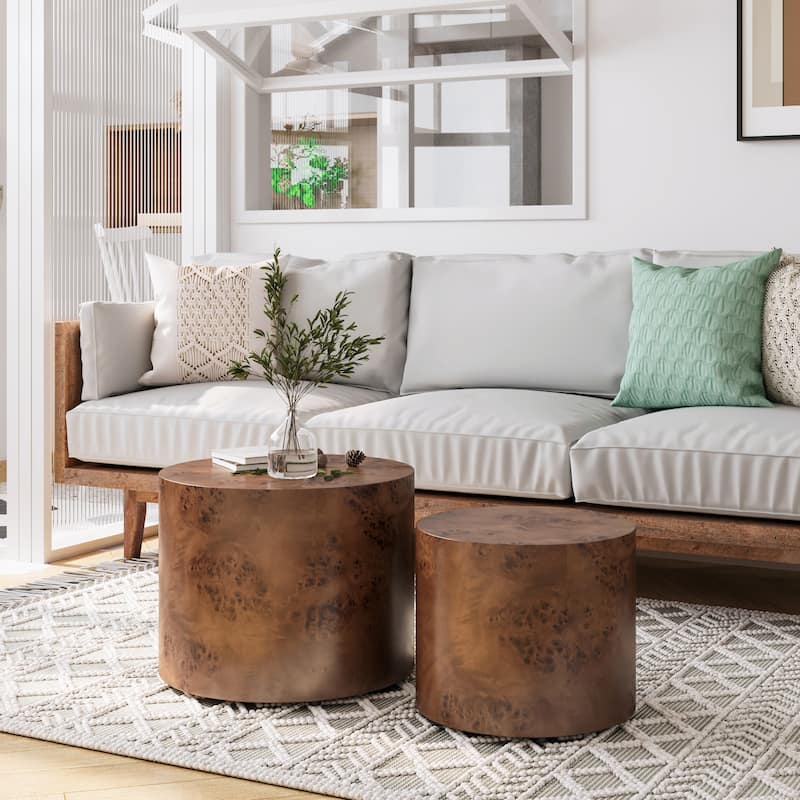 Nesting Coffee Table Set of 2, Modern Round Wooden Accent Tables, Space-Saving Circle Drum Side Tables