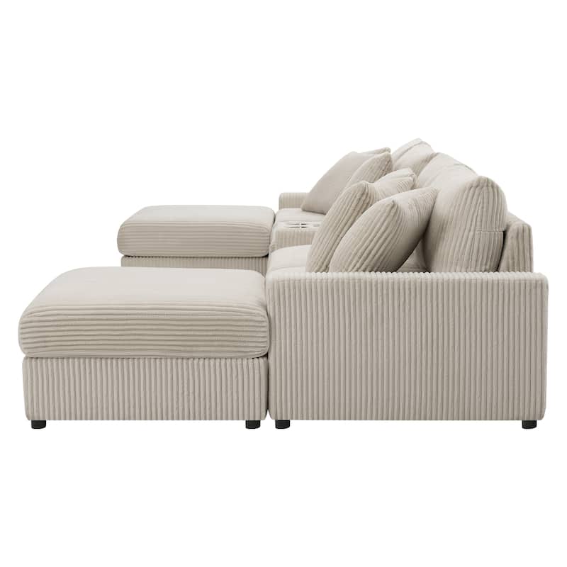 U-Shaped Cloud Corduroy Sectional Sofa with Console, Cup Holders, Bluetooth Speakers, Charging, Storage Ottoman, Deep Seats Sofa